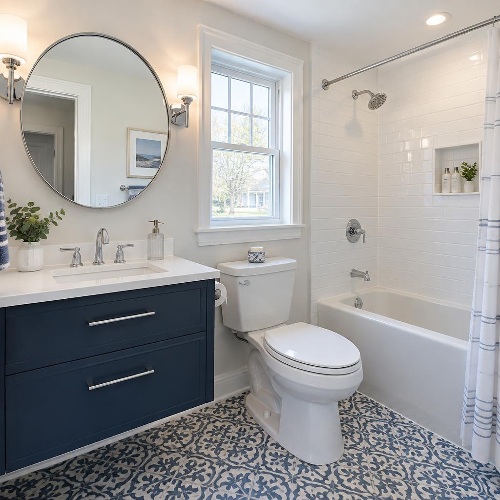 Guest bathroom remodel with navy floating vanity