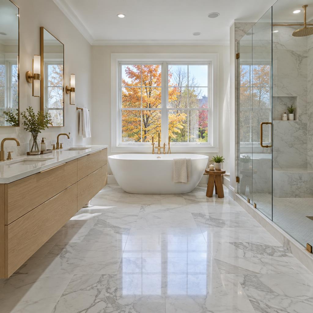 Primary bathroom remodel with marble tile and soaking tub