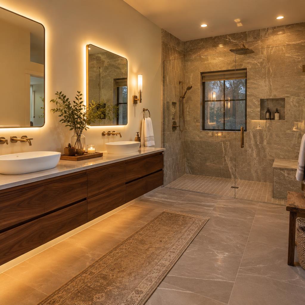 Spa-style bathroom remodel with walnut floating vanity and rain shower